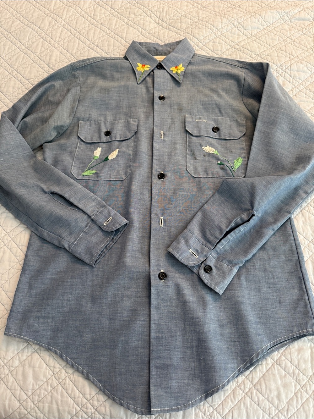 Women’s Light Blue Hand-Embroidered Button-Up Shirt